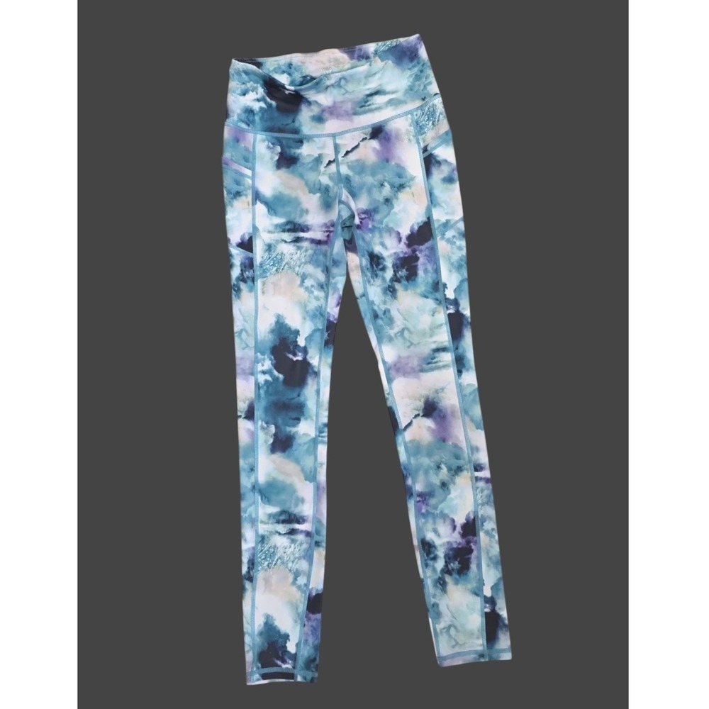 Gaiam Womens High Waisted Yoga Leggings Blue Purple Watercolor Print Pockets S - Picture 3 of 11